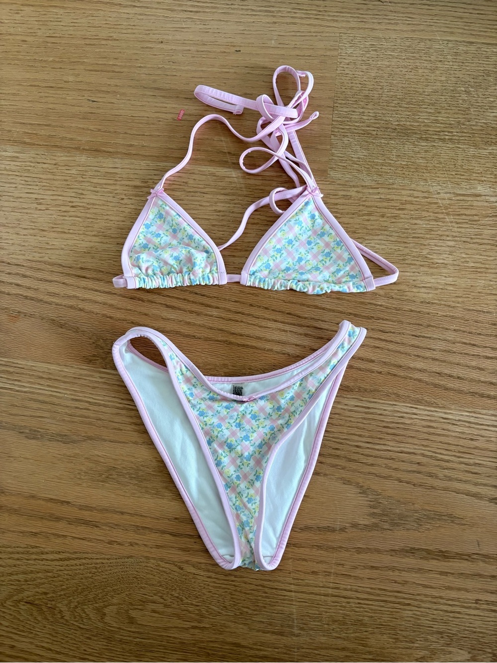 Frankie's Bikinis Pastel Floral Bikini Top with Pink Trim